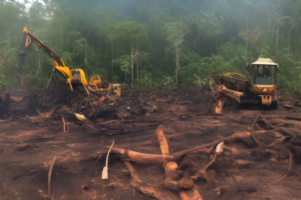 with machinery destroyed rainforest, man burning rainforest 